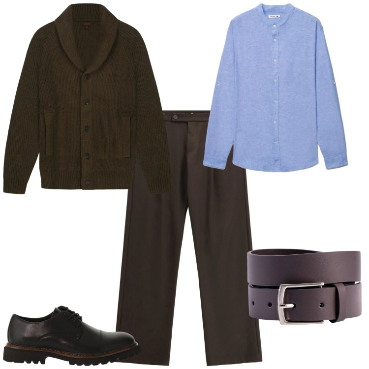 Outfit uomo - Trendy ufficio week end. Stile Trendy per Ufficio. Abbinamento con pantaloni, scarpe stringate, camicie, cinture, cardigans.