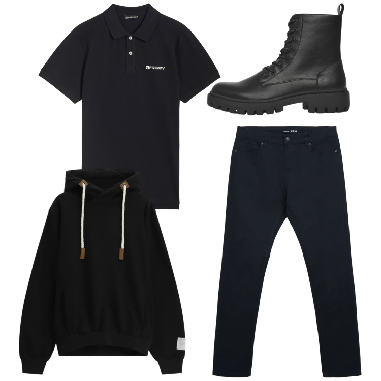 Outfit uomo - Total look #2345113. Stile Casual per Tutti i giorni. Abbinamento con anfibi, pantaloni skinny, felpe con cappuccio, polo.