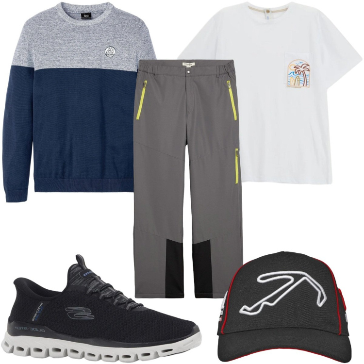 Outfit uomo - Total look #2345115. Stile Trendy per Sport. Abbinamento con t-shirt sportive, sneakers, pantaloni, t-shirt, cappelli con visiera.