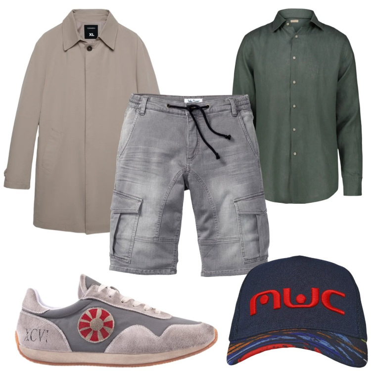 Outfit uomo - Total look #2345121. Stile Trendy per Tutti i giorni. Abbinamento con bermuda, cappelli con visiera, trench, camicie, sneakers.