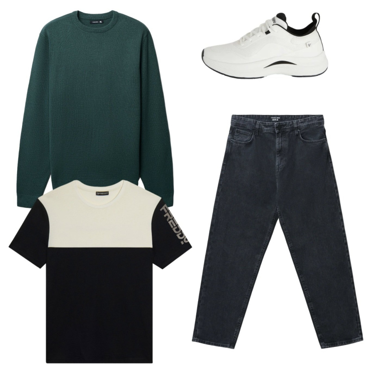 Outfit uomo - Total look #2345131. Stile Urban per Tutti i giorni. Abbinamento con jeans, maglieria, sneakers, t-shirt.