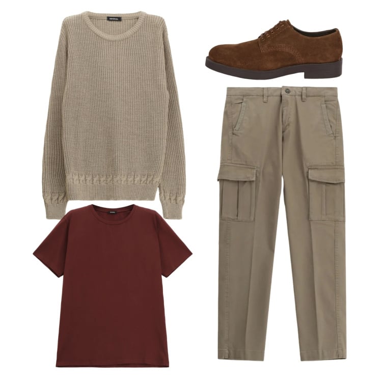 Outfit uomo - City. Stile Casual per Tutti i giorni. Abbinamento con maglieria, t-shirt, pantaloni cargo, scarpe stringate.