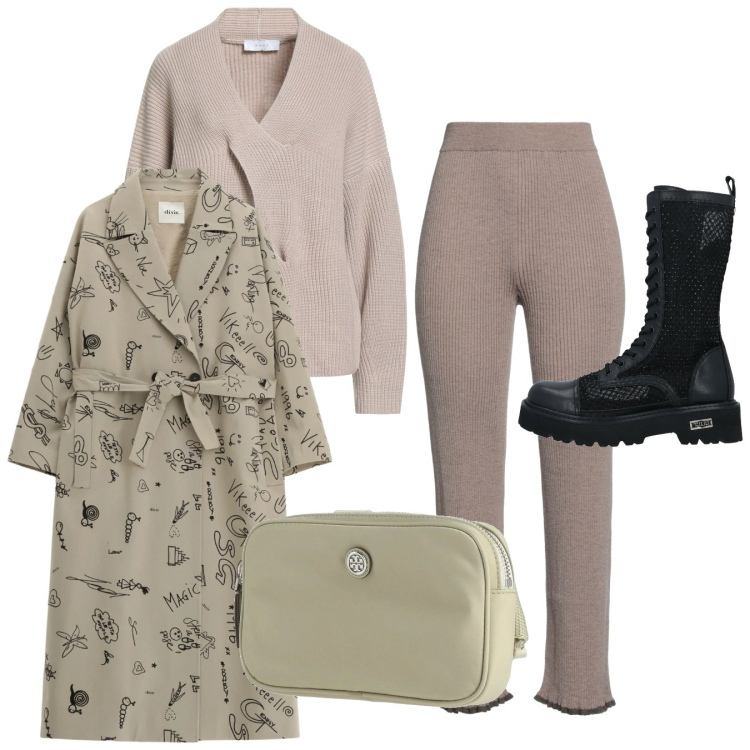 Outfit donna - Total look. Stile Urban per Tutti i giorni. Abbinamento con pullovers, stivali, pantaloni, marsupi, cappotti.