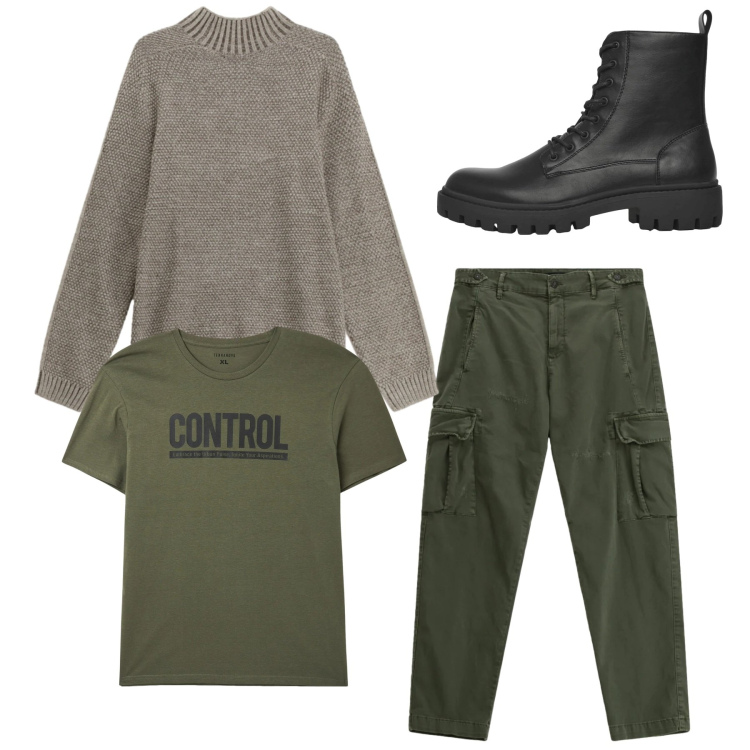 Outfit uomo - Total look. Stile Casual per Tutti i giorni. Abbinamento con t-shirt, anfibi, pantaloni cargo, maglieria.