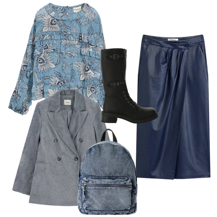 Outfit donna - Total look. Stile Chic per Tutti i giorni. Abbinamento con gonne longuette, bluse, zaini, stivali, blazer.