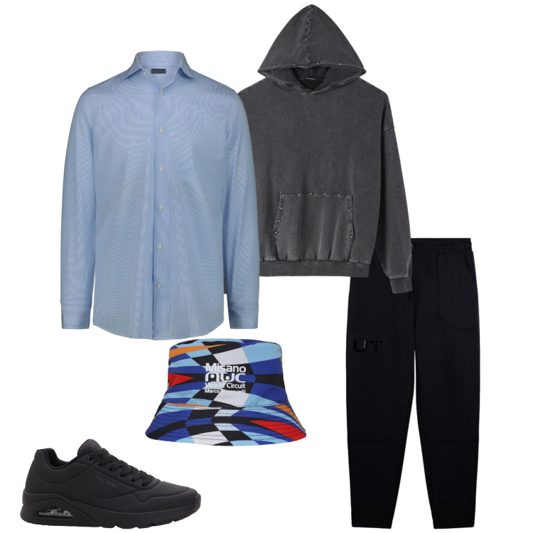 Outfit uomo - The Urban Reissue. Stile Trendy per Tutti i giorni. Abbinamento con sneakers, cappelli, felpe con cappuccio, pantaloni, camicie.