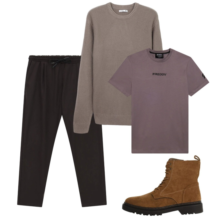 Outfit uomo - Chi ha una vita. Stile Casual per Tutti i giorni. Abbinamento con maglieria, pantaloni, anfibi, t-shirt.