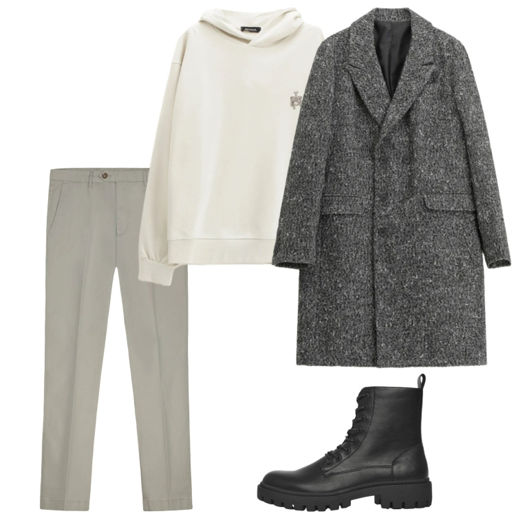 Outfit uomo - Febbraio. Stile Casual per Tutti i giorni. Abbinamento con anfibi, felpe con cappuccio, cappotti, pantaloni chino.