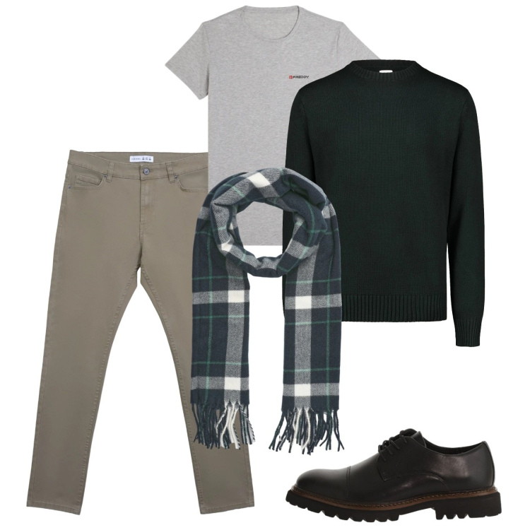 Outfit uomo - Febbraio. Stile Casual per Tutti i giorni. Abbinamento con pantaloni skinny, sciarpe, scarpe stringate, t-shirt sportive, maglieria.