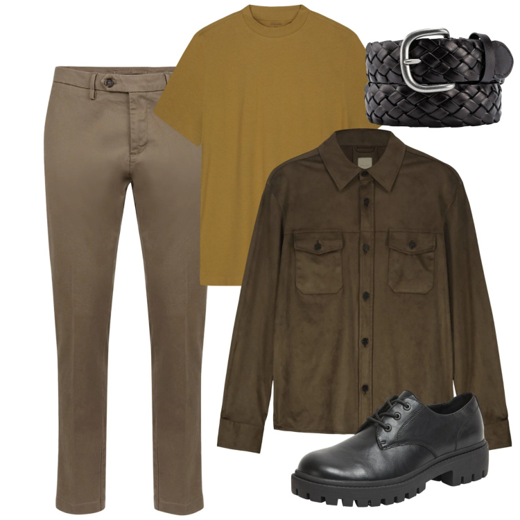 Outfit uomo - Febbraio. Stile Casual per Tutti i giorni. Abbinamento con scarpe stringate, pantaloni chino, giacche, cinture, t-shirt.