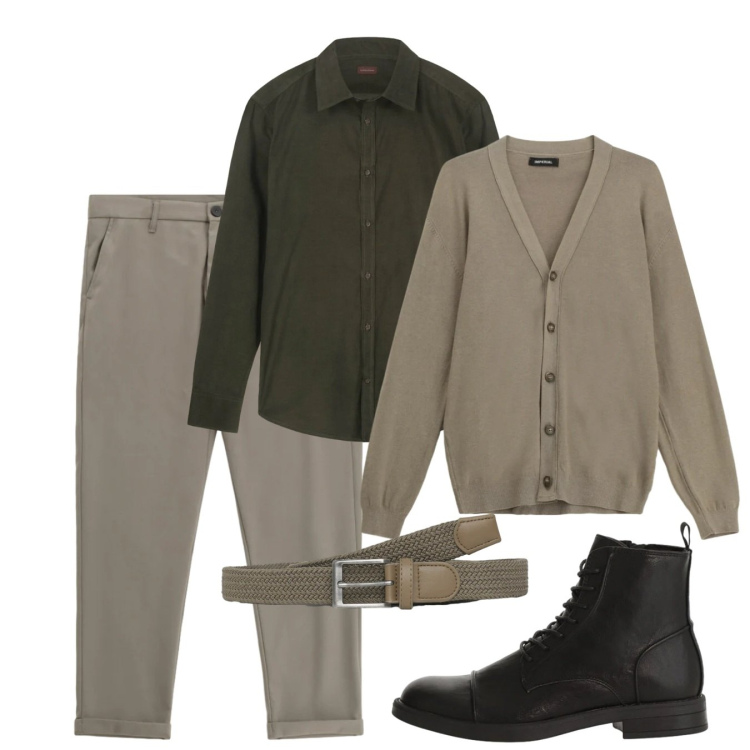 Outfit uomo - Sabato mattina. Stile Casual per Tutti i giorni. Abbinamento con pantaloni, cardigans, anfibi, cinture, camicie.