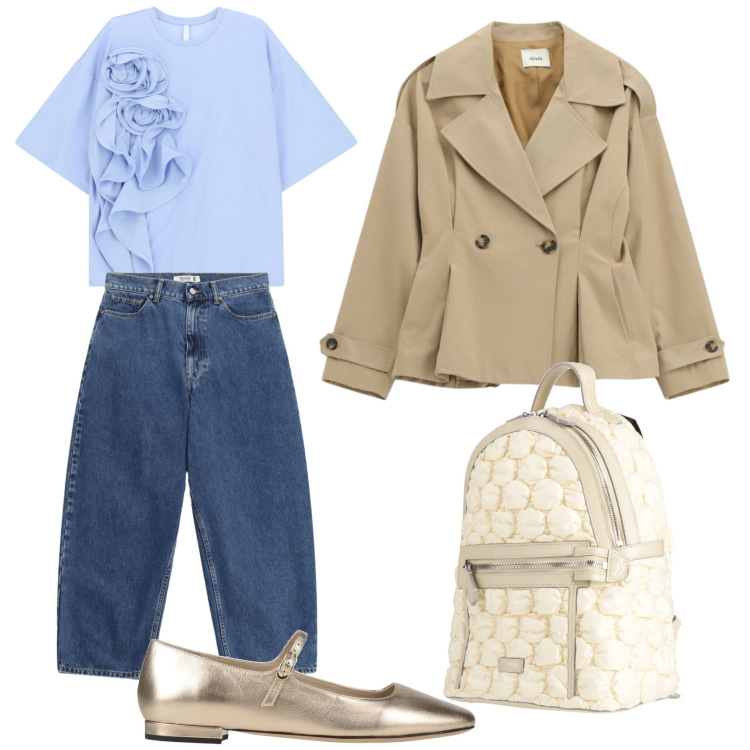 Outfit donna - Rinnovo l\'armadio 2. Stile Casual chic per Tutti i giorni. Abbinamento con ballerine, zaini, t-shirt, blazer, jeans.