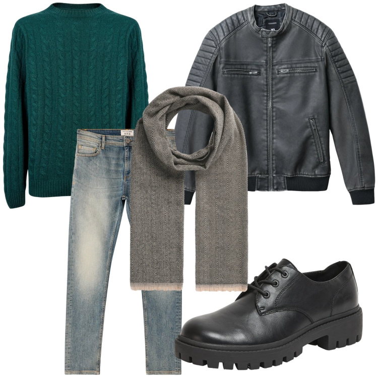 Outfit uomo - Il pull verde bosco. Stile Trendy per Tutti i giorni. Abbinamento con scarpe stringate, giacche, sciarpe, jeans skinny, maglieria.