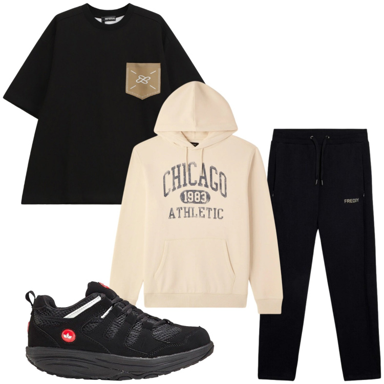 Outfit uomo - Sportivo. Stile Trendy per Tutti i giorni. Abbinamento con sneakers, felpe con cappuccio, felpe, pantaloni.