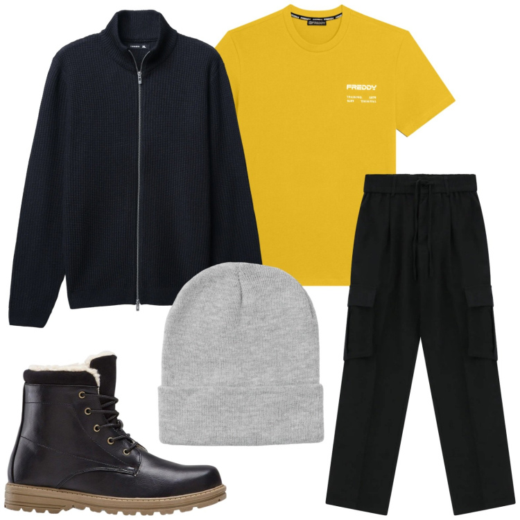 Outfit uomo - Sporty chic. Stile Casual per Tutti i giorni. Abbinamento con stivali e stivaletti, pantaloni cargo, berretti, cardigans, t-shirt.