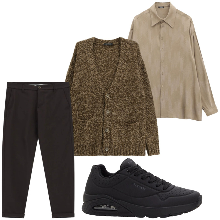 Outfit uomo - Il cardigan over. Stile Casual per Tutti i giorni. Abbinamento con sneakers, camicie, cardigans, pantaloni.