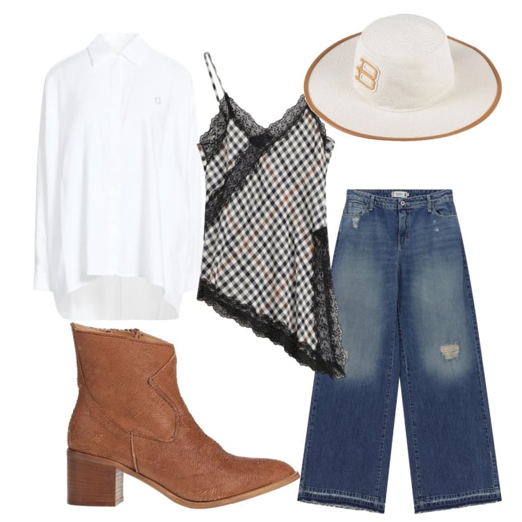 Outfit donna - Country girl. Stile Etnico per Tutti i giorni. Abbinamento con camicie, cappelli, stivaletti, jeans dritti, canottiere.