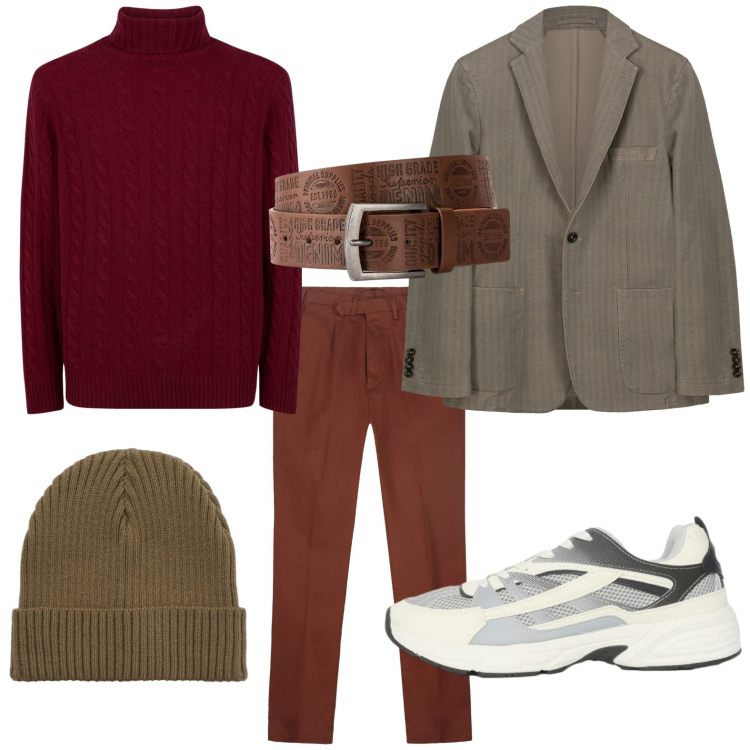 Outfit uomo - Dinamico. Stile Casual per Ufficio. Abbinamento con cinture, sneakers, berretti, maglieria, giacche, pantaloni.
