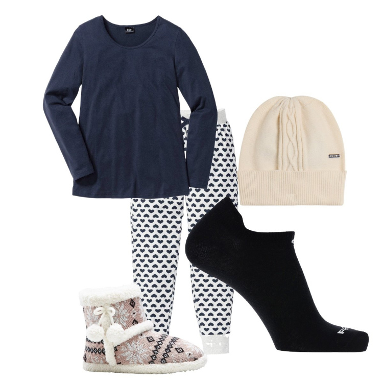 Outfit donna - calzini caldi a casa in relax. Stile Basic per Tutti i giorni. Abbinamento con pigiama, pantofole, calzini, berretti.