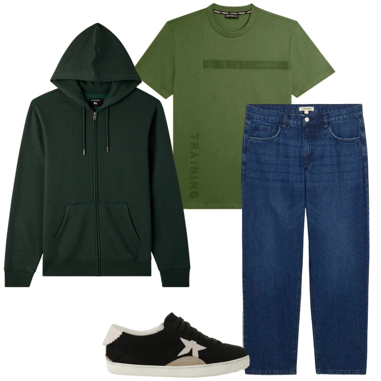 Outfit uomo - Total look #2345180. Stile Trendy per Tutti i giorni. Abbinamento con jeans dritti, sneakers, felpe con cappuccio, t-shirt.