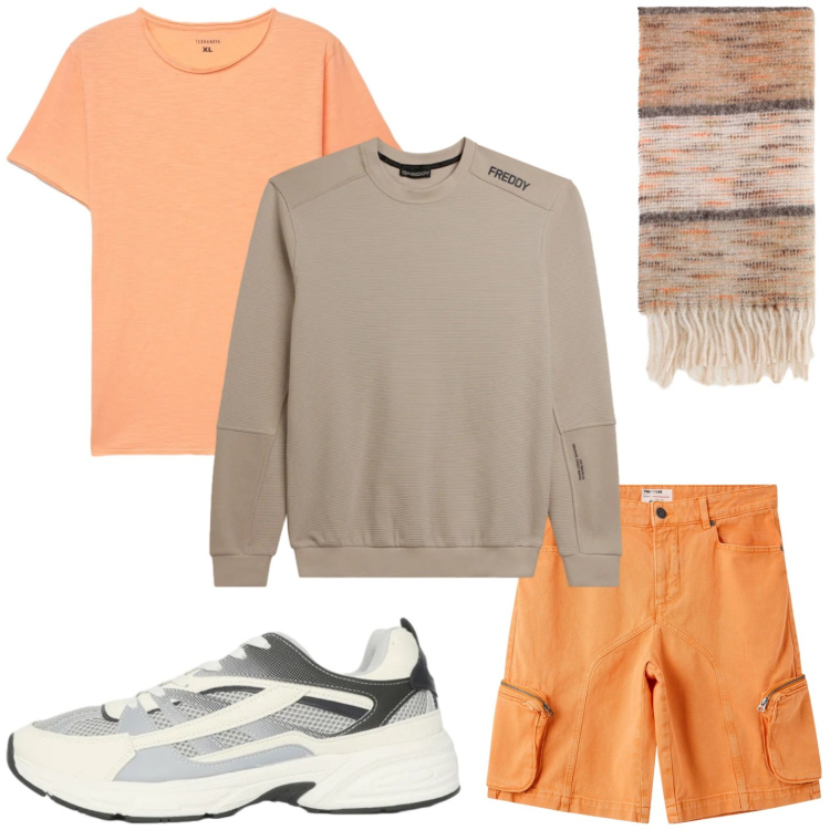 Outfit uomo - Sporty chic. Stile Casual per Tutti i giorni. Abbinamento con sciarpe, pantaloni corti, sneakers, t-shirt, felpe.