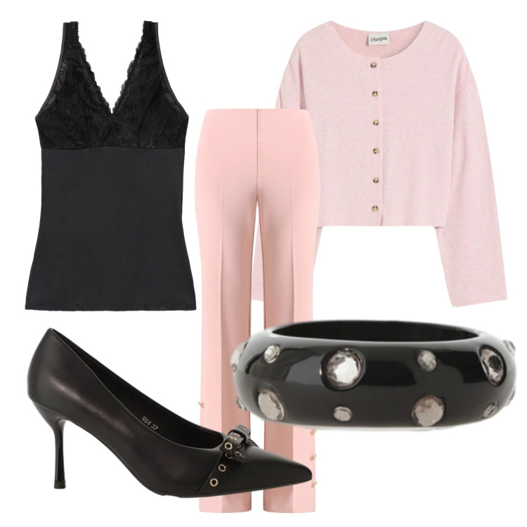 Outfit donna - Serata tra amiche. Stile Bon Ton per Serata fuori. Abbinamento con top, cardigans, décolleté, anelli, pantaloni a palazzo.