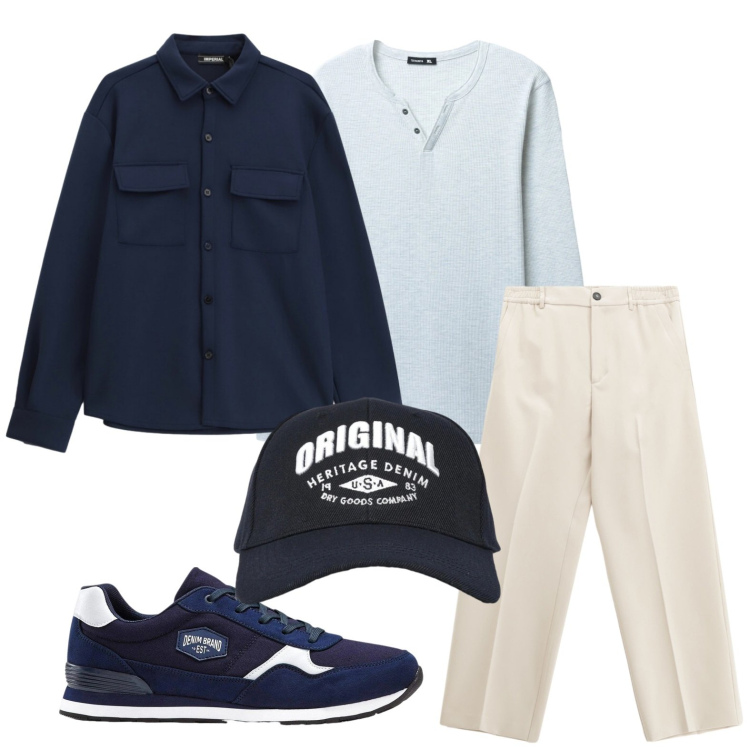 Outfit uomo - Verso la primavera. Stile Trendy per Tutti i giorni. Abbinamento con sneakers, pantaloni, camicie, t-shirt, cappelli con visiera.