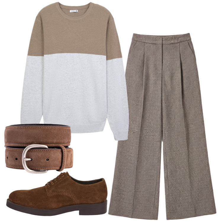 Outfit uomo - Total look #2345194. Stile Trendy per Tutti i giorni. Abbinamento con maglieria, pantaloni a palazzo, scarpe stringate, cinture.