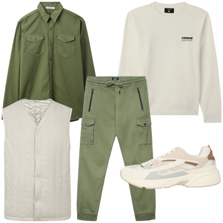 Outfit uomo - Sporty chic. Stile Casual per Tutti i giorni. Abbinamento con felpe, camicie, sneakers, pantaloni cargo, piumini.