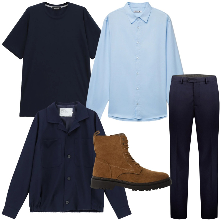 Outfit uomo - Toni del blu. Stile Casual per Tutti i giorni. Abbinamento con camicie, cappotti, t-shirt, anfibi, pantaloni.