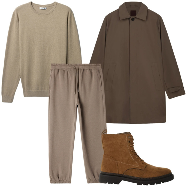 Outfit uomo - Toni del marrone. Stile Casual per Tutti i giorni. Abbinamento con maglieria, pantaloni, anfibi, trench.