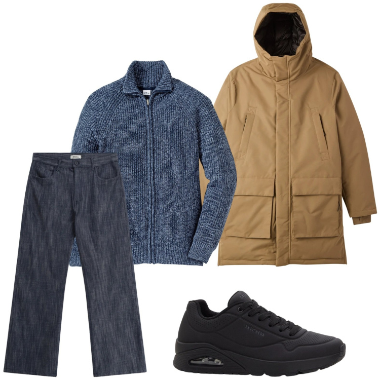 Outfit uomo - Ultimi freddi. Stile Casual per Tutti i giorni. Abbinamento con cardigans, sneakers, jeans, parka.