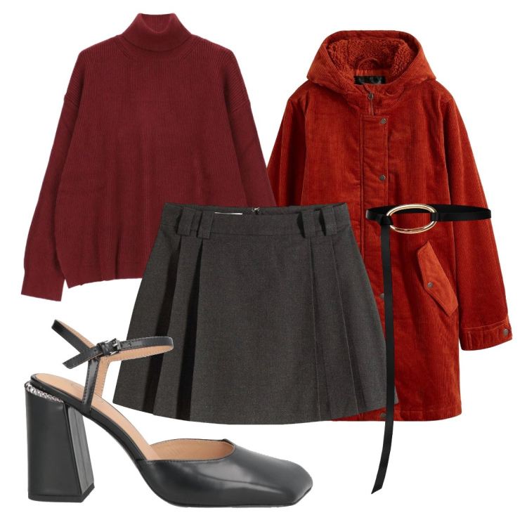 Outfit donna - Chic trendy Winter. Stile Casual chic per Ufficio. Abbinamento con décolleté, parka, gonne, maglieria, cinture.