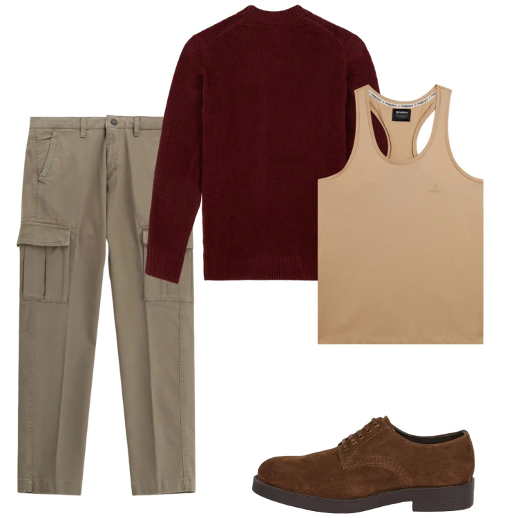 Outfit uomo - Febbraio. Stile Casual per Tutti i giorni. Abbinamento con pantaloni cargo, canottiere, scarpe stringate, maglieria.