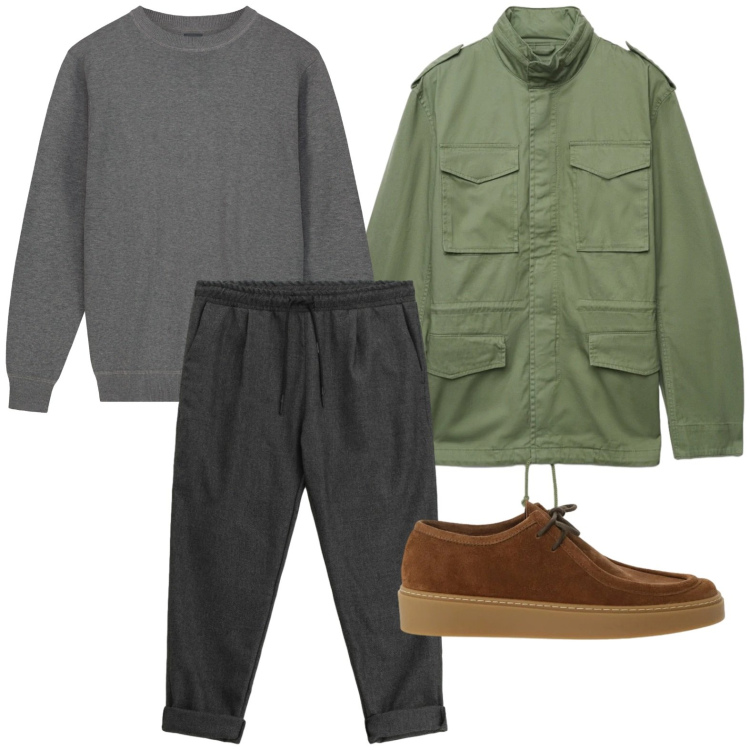 Outfit uomo - Street style. Stile Casual per Tutti i giorni. Abbinamento con pantaloni, scarpe stringate, cappotti, maglieria.