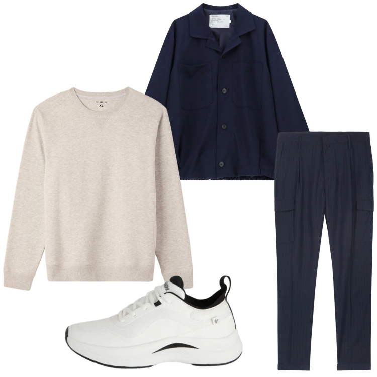 Outfit uomo - I pantaloni blu notte. Stile Trendy per Tutti i giorni. Abbinamento con cappotti, felpe, sneakers, pantaloni cargo.