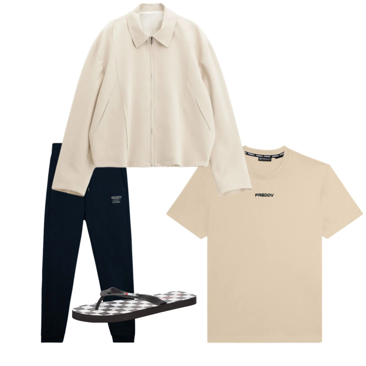 Outfit uomo - Creamy Zen. Stile Casual per Tutti i giorni. Abbinamento con sandali, cappotti, t-shirt, pantaloni.