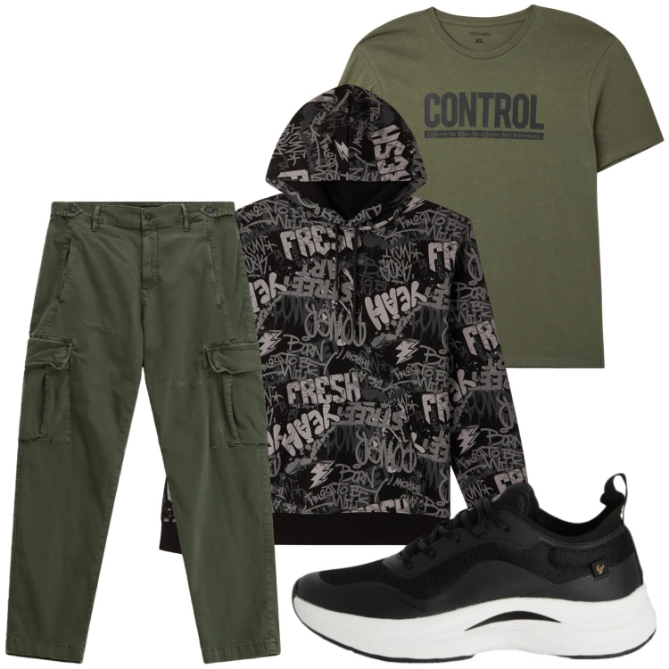Outfit uomo - La felpa con stampa. Stile Casual per Tutti i giorni. Abbinamento con t-shirt, felpe con cappuccio, pantaloni cargo, sneakers.