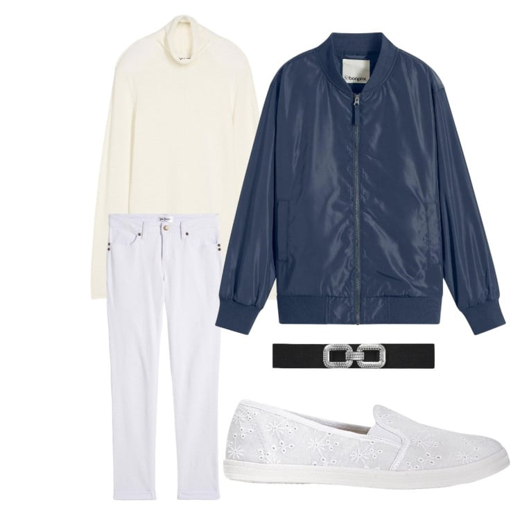 Outfit donna - Ultima settimana di febbraio. Stile Minimal per Ufficio. Abbinamento con bomber, jeans dritti, ballerine, maglieria, cinture.