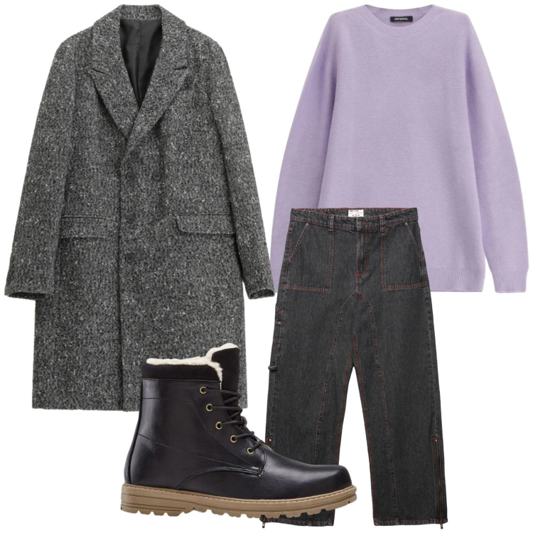 Outfit uomo - Il pull lilla. Stile Casual per Tutti i giorni. Abbinamento con stivali e stivaletti, jeans dritti, cappotti, maglieria.