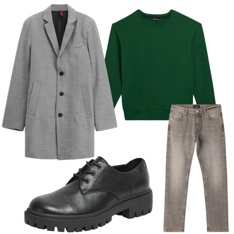 Outfit uomo - Trendy. Stile Casual per Tutti i giorni. Abbinamento con scarpe stringate, jeans, cappotti, felpe.