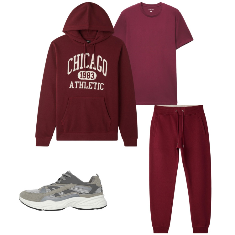 Outfit uomo - Burgundy Varsity. Stile Casual per Tutti i giorni. Abbinamento con sneakers, pantaloni, felpe con cappuccio, t-shirt.