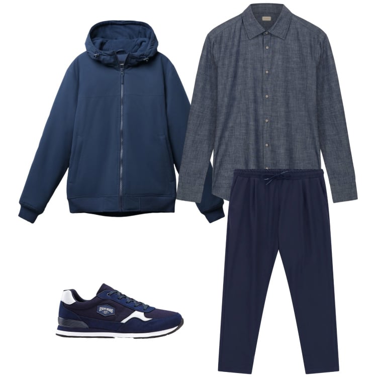 Outfit uomo - The Tech-Blue Layering. Stile Casual per Tutti i giorni. Abbinamento con sneakers, giacche, pantaloni, camicie.