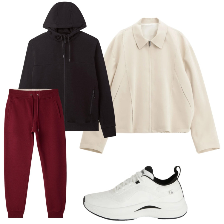 Outfit uomo - Sporty chic. Stile Trendy per Tutti i giorni. Abbinamento con cappotti, pantaloni, felpe con cappuccio, sneakers.