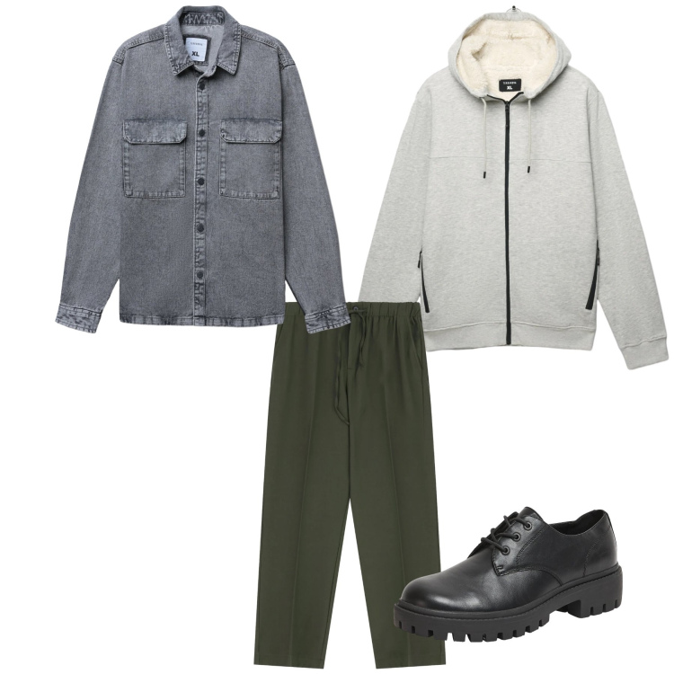 Outfit uomo - The Industrial Layer. Stile Casual per Tutti i giorni. Abbinamento con scarpe stringate, felpe con cappuccio, cappotti, pantaloni.