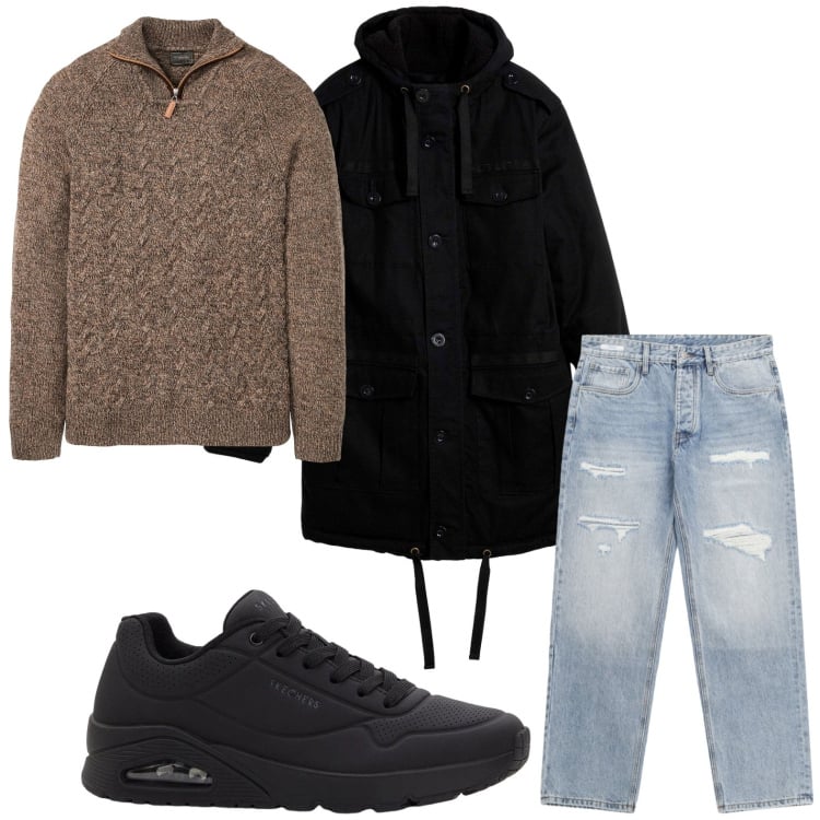 Outfit uomo - Jeans trendy. Stile Trendy per Tutti i giorni. Abbinamento con maglieria, sneakers, parka, jeans strappati.