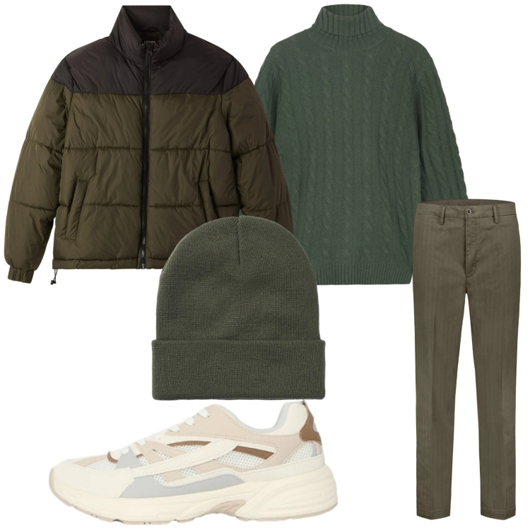 Outfit uomo - Toni del verde. Stile Casual per Tutti i giorni. Abbinamento con berretti, bomber, sneakers, pantaloni, maglieria.