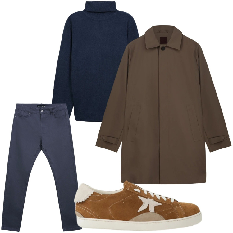 Outfit uomo - Street style. Stile Casual per Tutti i giorni. Abbinamento con sneakers, pantaloni skinny, maglieria, trench.