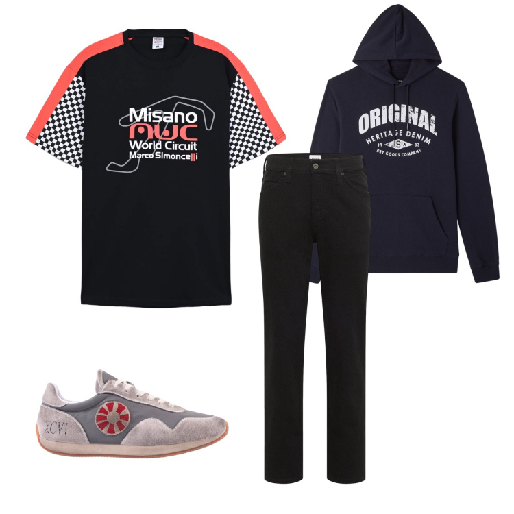 Outfit uomo - The Racing Pulse. Stile Casual per Tutti i giorni. Abbinamento con jeans dritti, t-shirt sportive, felpe sportive, sneakers.