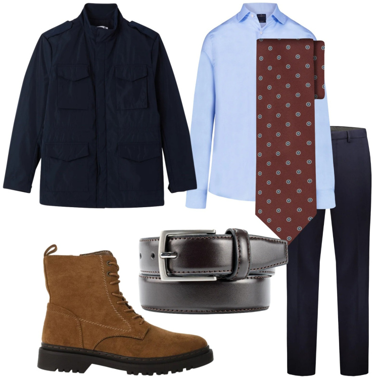Outfit uomo - Elegante casual. Stile Trendy per Tutti i giorni. Abbinamento con anfibi, giacche, pantaloni, camicie, cinture, cravatte.